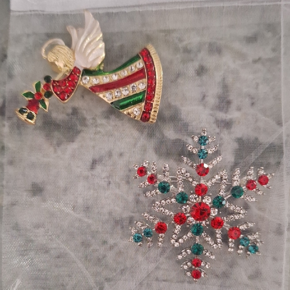 Gold and Multicolor Angel and Snowflake Brooch Set